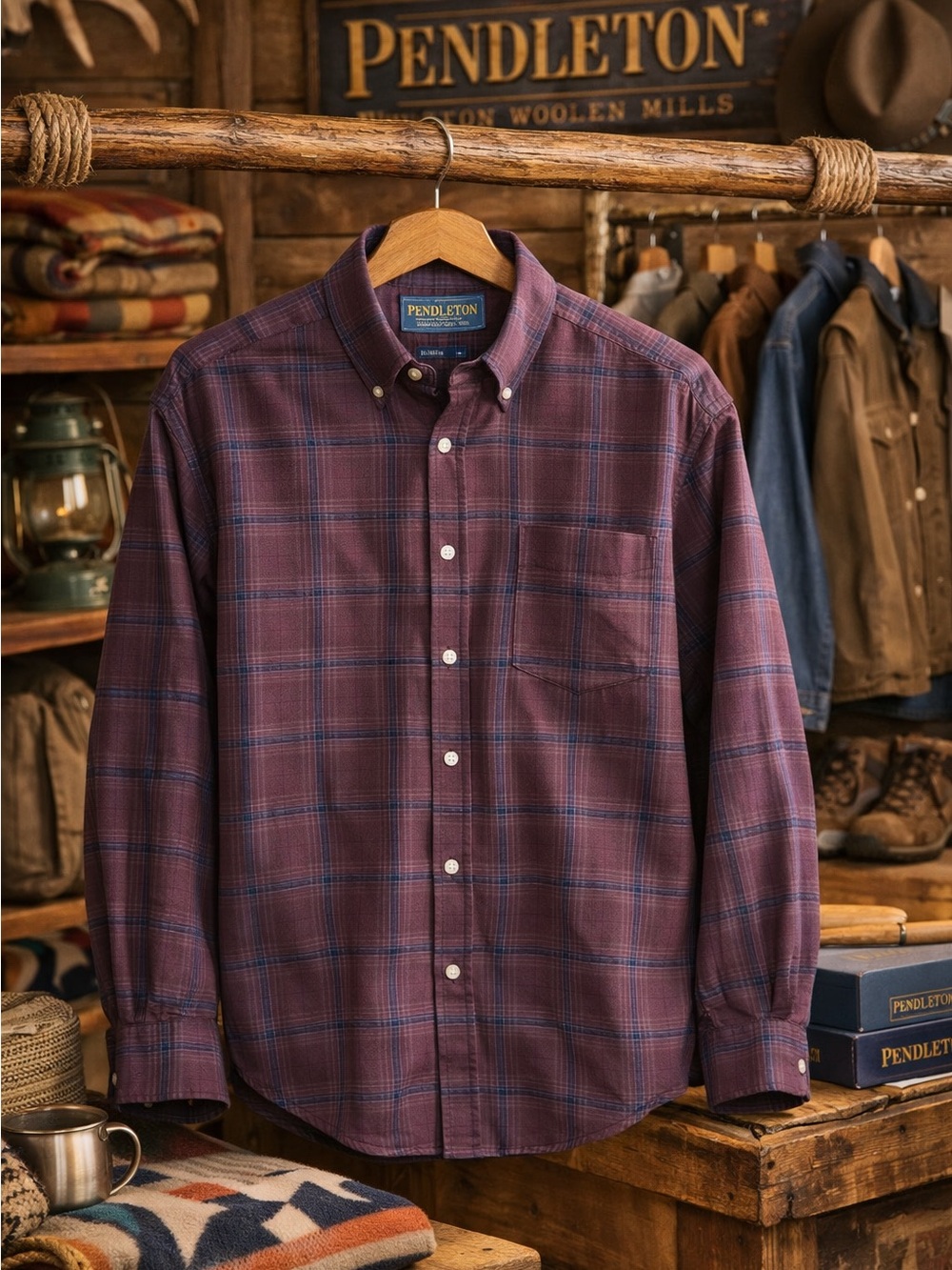 Pendleton Men's Plum and Navy Plaid Button-Down Shirt